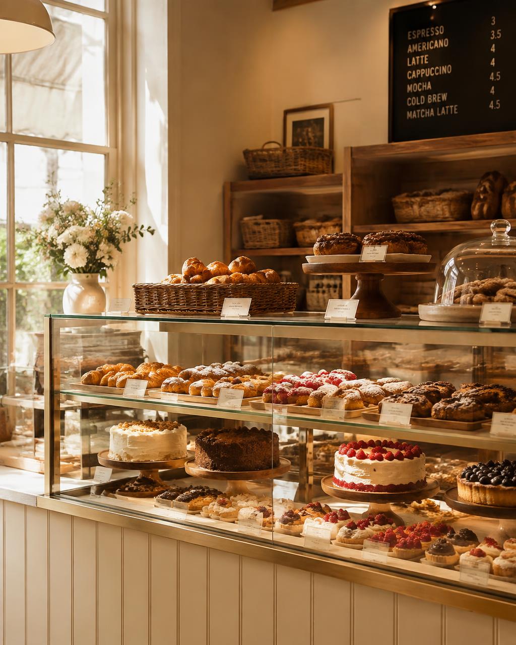 Bakery display counter with cakes and pastries