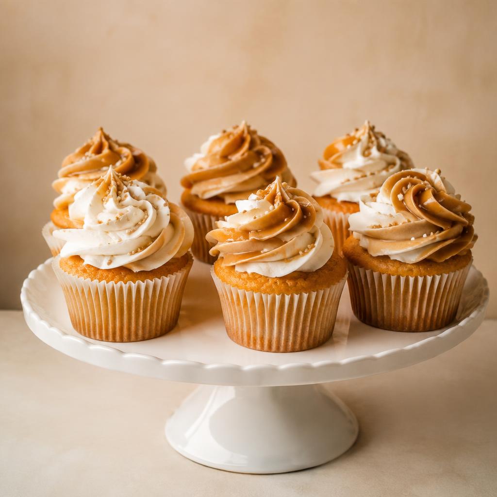 Caramel frosted cupcakes on a cake stand