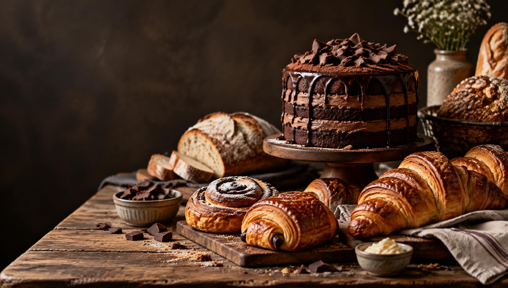 Chocolate layer cake, croissants and artisan breads